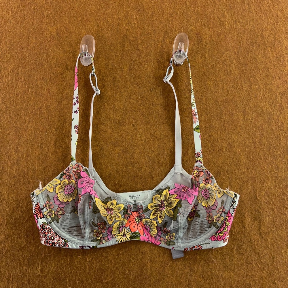 Savage X Fenty Womens 32C Blue Floral Embroidered Mesh Underwire Bra New